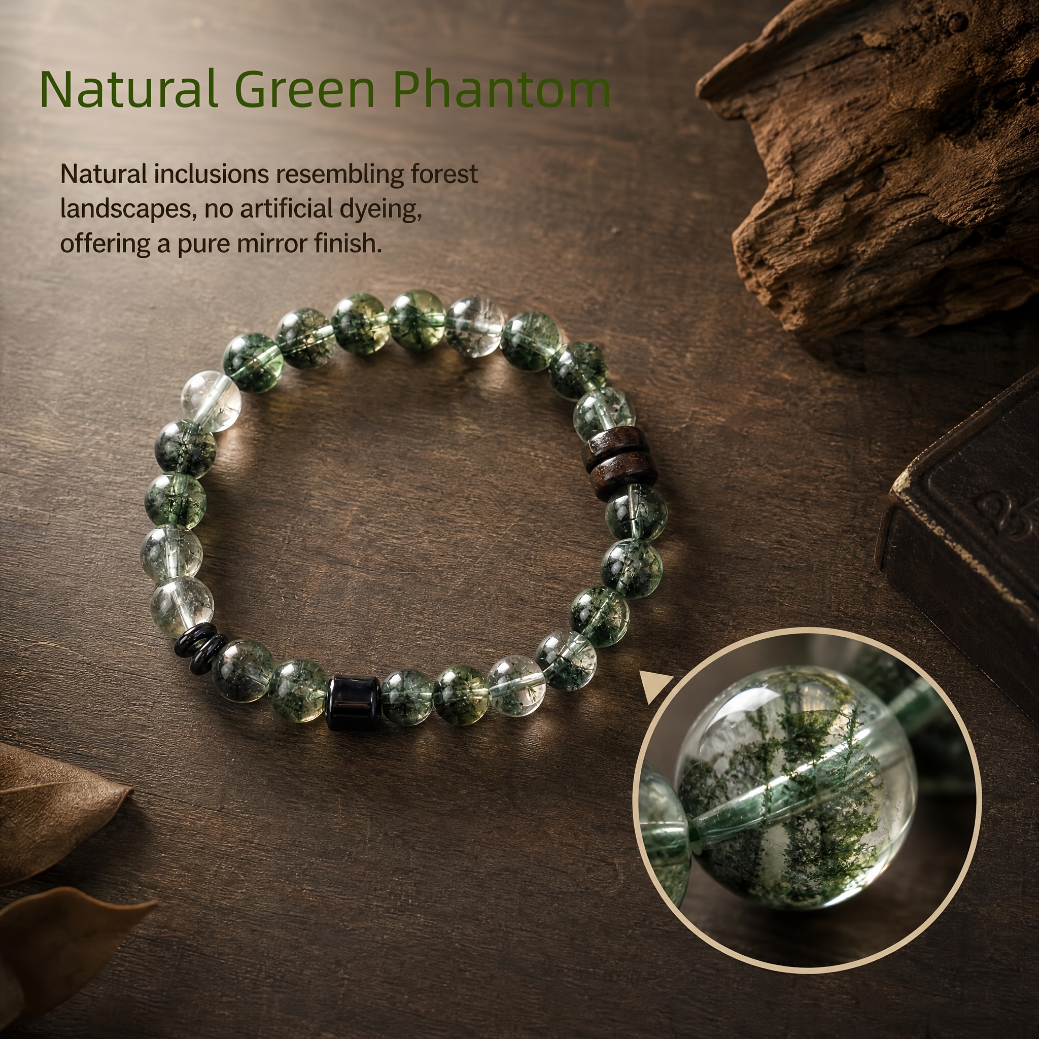 Natural Green Phantom Crystal Bead Bracelet, Adjustable